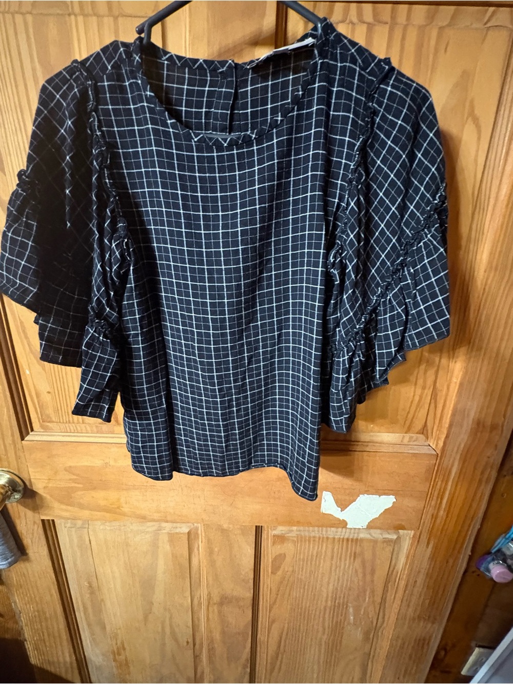 LOFT Black Windowpane Ruffle Sleeve Blouse